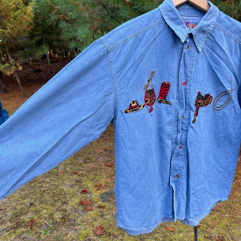 80s Groupy Western Denim Button-Up Shirt Size M Cowboy - Picture 8 of 14
